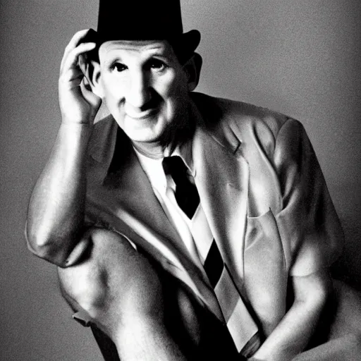 Image similar to a glamorous black and white portrait of al bundy with a hat, artistic, heroic, amazing, in the style of helmut newton