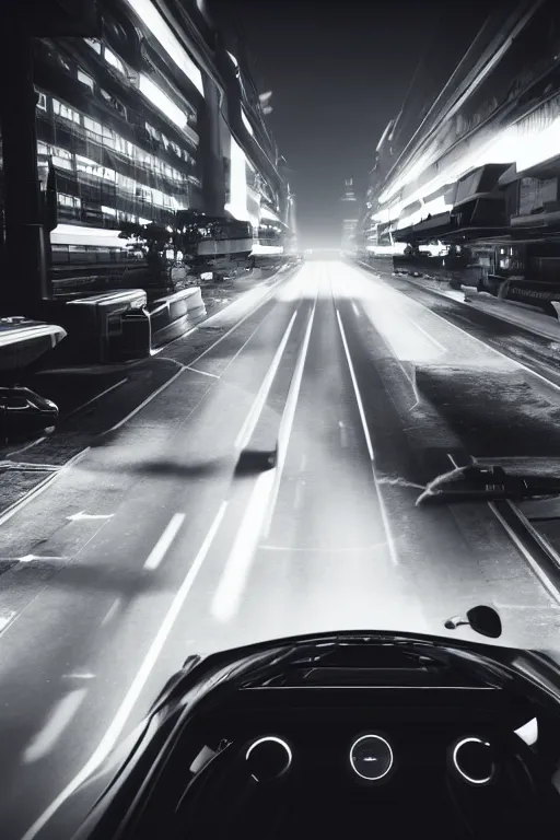 Image similar to the batmobile driving through a futuristic city. fluorescent light. pov from behind the wheel. octane render. 8 k. monochrome. black and white. mist. atmospheric. cinematic.