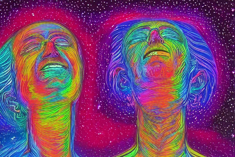 Image similar to digital art of a spiritual man looking up at the stars, glowing light, acrylic art, universe, painting, pastel colors, alex grey,