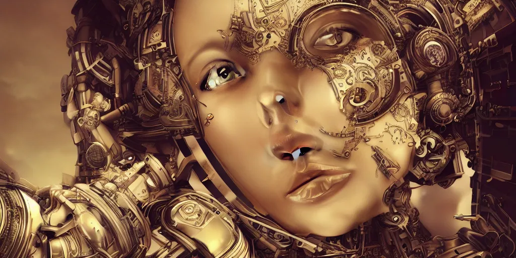 Image similar to portrait of a Mechanical girl, ornamental, photorealism, wide angle, cinematic atmosphere, elaborate, highly detailed, ornate, shiny, dramatic lighting, octane render, digital illustration by William Mortensen,-H 1024