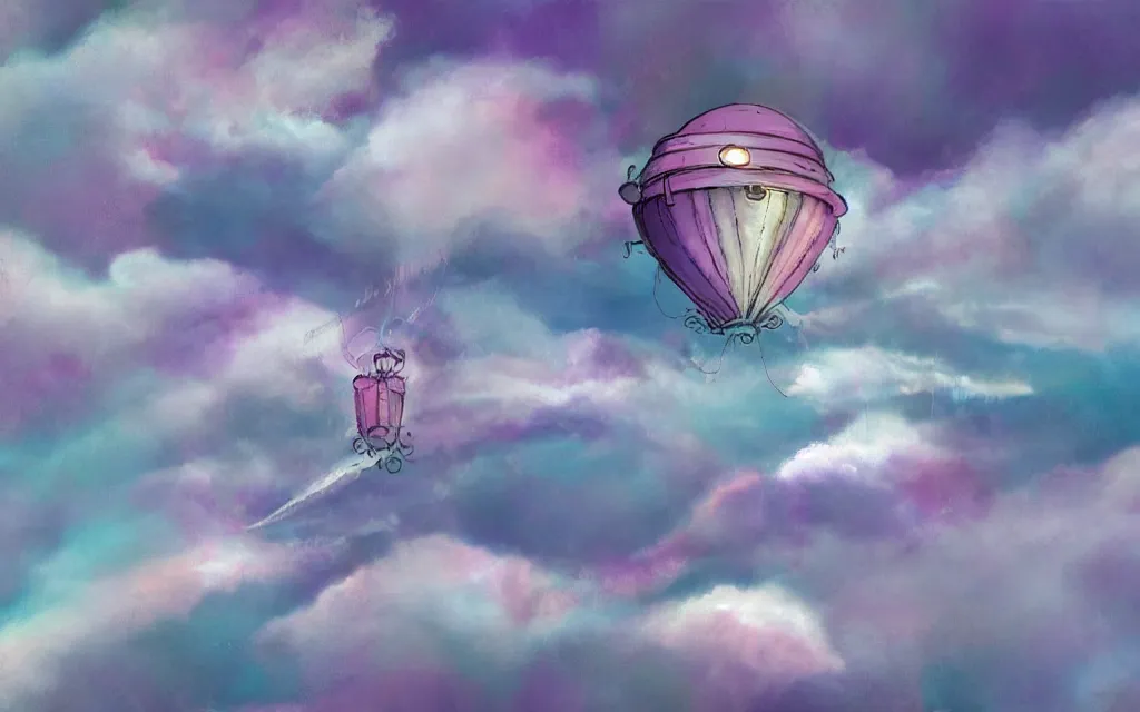 Image similar to streampunk dirigible floating between swirling clouds. pastel colors. haze.