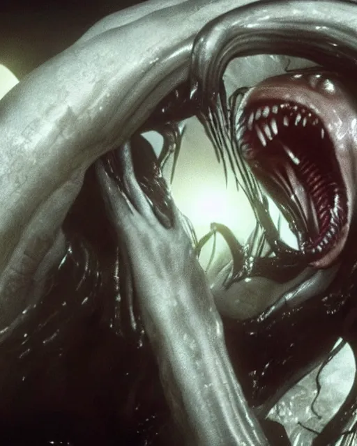 Image similar to cinematic still of kim kardashian being mouth fed by an xenomorph feeding her a transparent alien liquid, wet flowing hair, gooey skin, illustration, unreal engine 5, 8 k, directed by h. r. giger.