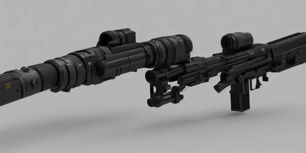 Image similar to photography of a futuristic rifle designed by dieter rams and neill blomkamp and aaron de leon concept art, 3 d, maya, blender, octane render, realistic, sharp focus