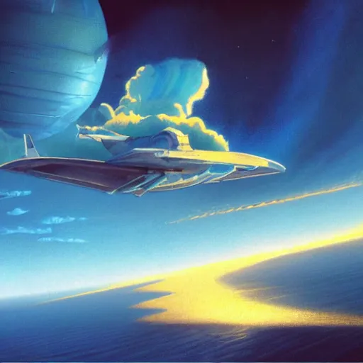 Image similar to beautiful matte painting of golden shores of a blue dreamy ocean, heavenly island in the clouds floating above the ocean, spaceship flying by, sci - fi, daylight, blue sky, cinematic lighting, cinematic perspective, syd mead, john harris, federico pelat