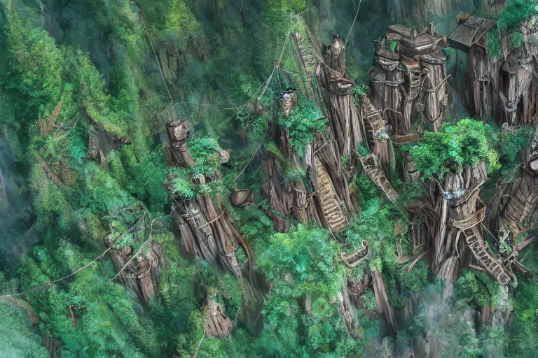 Image similar to a wood - elf village suspended high up in the redwood tree canopies, connected by rope bridges, fantasy setting, dense vegetation, very detailed, d & d concept art, 4 k