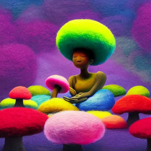 Prompt: a black girl with a colorful afro and big beautiful eyes meditating in a rainbow mushroom zen garden, bokeh, bright colors, synthwave, watercolor, volumetric wool felting, felt, macro photography, children illustration, by goro fujita