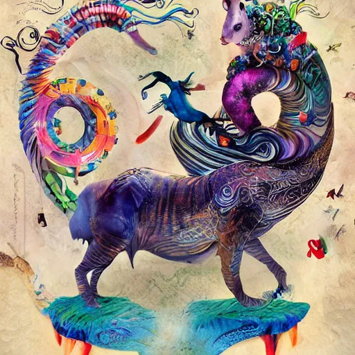 Image similar to strange mythical beasts of whimsy, surreal mixed media colllage by Ronny Khalil