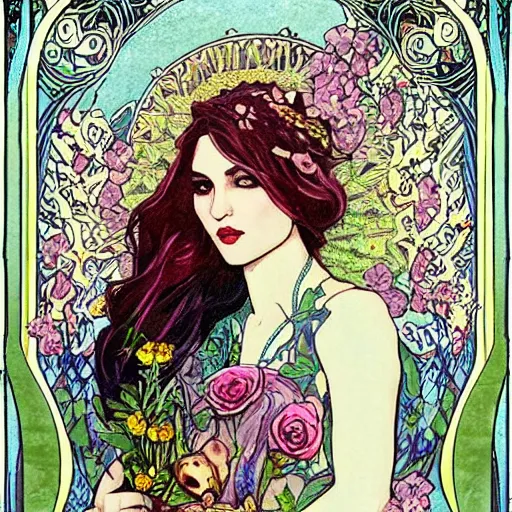 Image similar to epic portrait of the most beautiful women holding each other, surrounded by soft florals, concept art, art nouveau style, tarot card, high detail, realistic anatomy, beautiful
