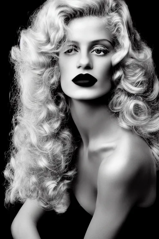 Prompt: stunning award - winning herb ritts portrait of a beautiful blonde woman looking at the camera. long curly shiny glossy hair. defined curls. old hollywood makeup. vintage glamour. glossy dark lips. supermodel. high fashion black and white photography. vogue. nikon 5 0 mm f / 1. 6