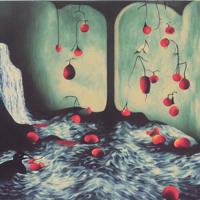 Image similar to painting of flood waters inside an apartment, tall female emo art student, a river flooding indoors, pomegranates, pigs, ikebana, water, river, rapids, waterfall, black swans, canoe, berries, acrylic on canvas, surrealist, by magritte and monet