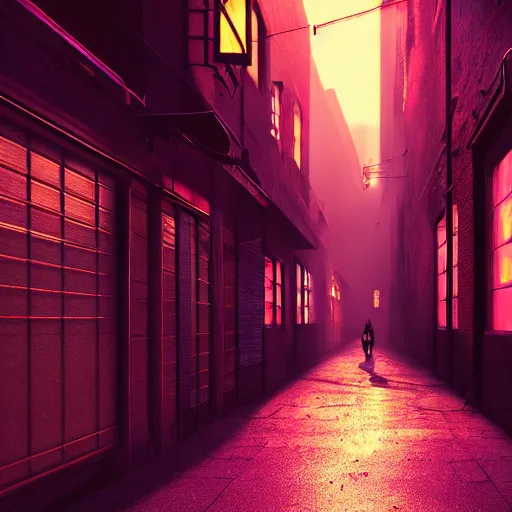 Image similar to dark alleyway with a glowing neon sign, city, cinematic, cinematic lighting, photorealistic, hyperdetailed 3 d matte painting, iridescent, deviantart, trending on artstation, concept art