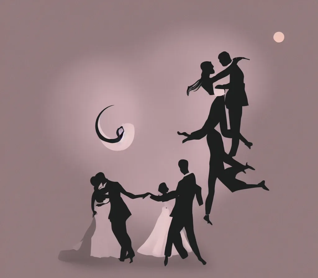 Image similar to digital art drawing of a couple dancing on a crescent moon during their wedding ceremony, soft lighting, neutral colours, lots of details