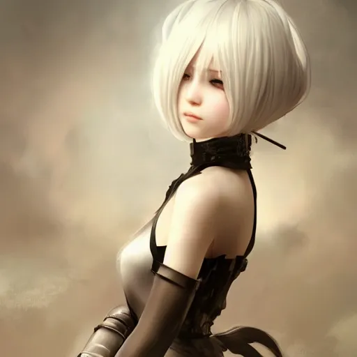 Image similar to 2B, android, nier automata, elaborate emotive Baroque and Rococo styles to emphasize beauty as a transcendental, 8k image, ultra-realistic, the style of WLOP