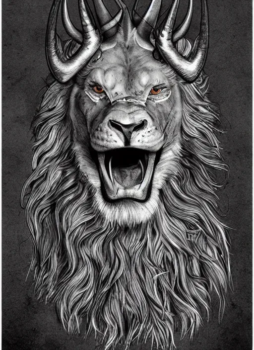 Image similar to a mighty strong creature with the body and eyes of a man, with the beak of an eagle, the mane of a lion, and the horns of an ox. drawn by boris valejo