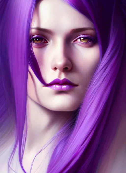 Image similar to Purple hair relistic Portrait of a woman with bright colored flying hair, all shades of purple. Hair coloring, long hair, fantasy, intricate, elegant, highly detailed, digital painting, artstation, concept art, smooth, sharp focus, illustration, art by artgerm and greg rutkowski and alphonse mucha