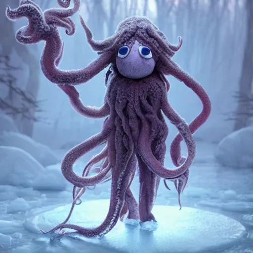 Prompt: a fluffy humanoid ethereal ghost like live action muppet wraith like figure with a squid like parasite taking over its head and four long tentacles for arms that flow gracefully at its sides like a cloak while it floats around a frozen rocky lake in the middle of the frozen woods searching for lost souls and that hides amongst the shadows in the trees, this character can control the ice and snow and has mastery of the shadows, it is known as the bringer of nightmares and the ruler of endless night terrors, it is a real muppet by sesame street, photo realistic, real, realistic, felt, stopmotion, photography, sesame street