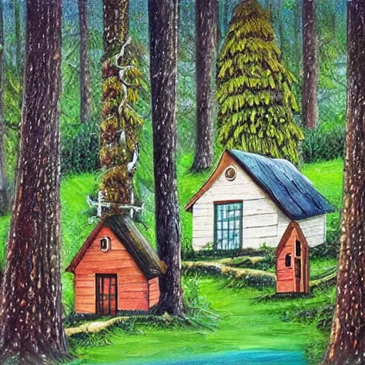 Prompt: oil painting, small house in the forest deep view, with amazing three's and fairytale around, 8 k, amazing illustration trending