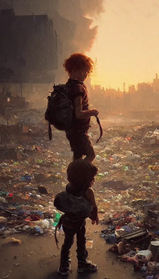 Image similar to poor detailed child with backpack standing at cars looking for food at garbage dump, destroyed cars, city is pure wasteland, moody sunset in background, greg rutkowski, alphonse mucha, trending on artstation, artgerm, unreal engine, breathtaking, award winning, highly detailed