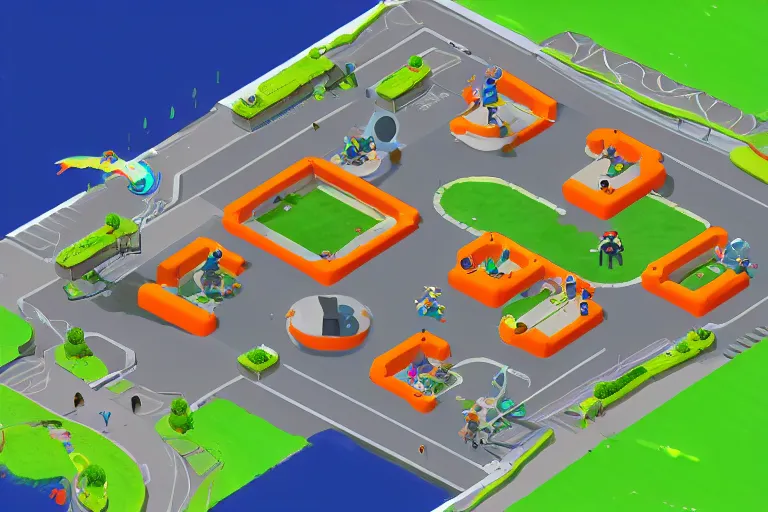 Image similar to isometric view of a splatoon 2 level, inspired by modern skate parks and modern chinese playgrounds in the style of splatoon, day