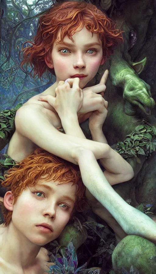 Prompt: epic masterpiece portrait peter pan and wendy, sweaty skin, hyperrealistic, octane render, cinematic, beautiful face and flawless skin, perfect hands, 5 fingers, by Edgar Maxence and Ross Tran and Michael Whelan, Legends of Runeterra