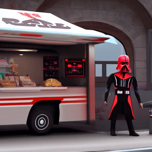 Prompt: darth vader ordering ice cream from an ice - cream truck, high definition, unreal engine rendering