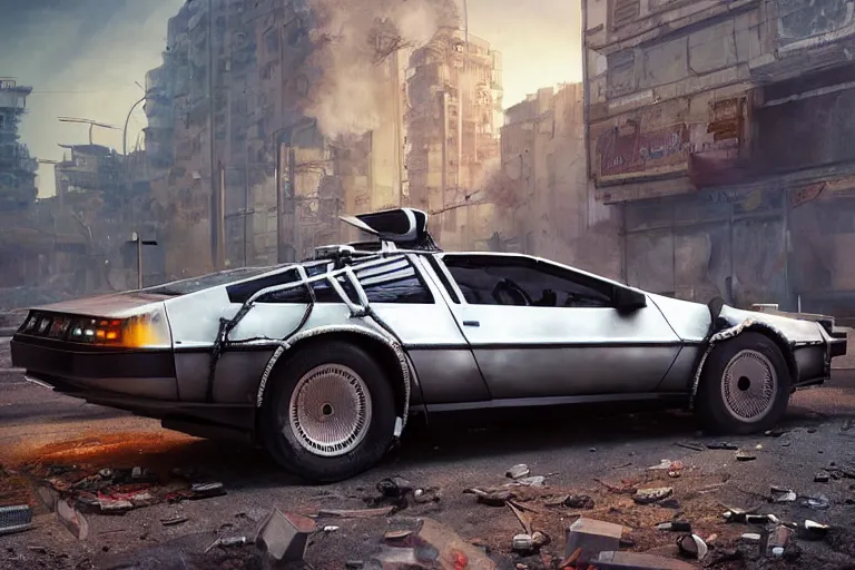 Prompt: highly detailed photorealistic rendering of a delorean parked on the streets of a cyberpunk abandoned city with the door open, futuristic post - apocalyptic vibe, by greg rutkowski and stanley artgerm and alphonse mucha, octane, sharp focus, hyperrealistic, unreal engine 5, vray, masterpiece