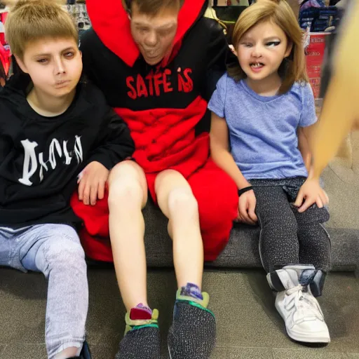 Prompt: kids are sitting on satan ’ s lap at the mall due to a spelling error, photograph