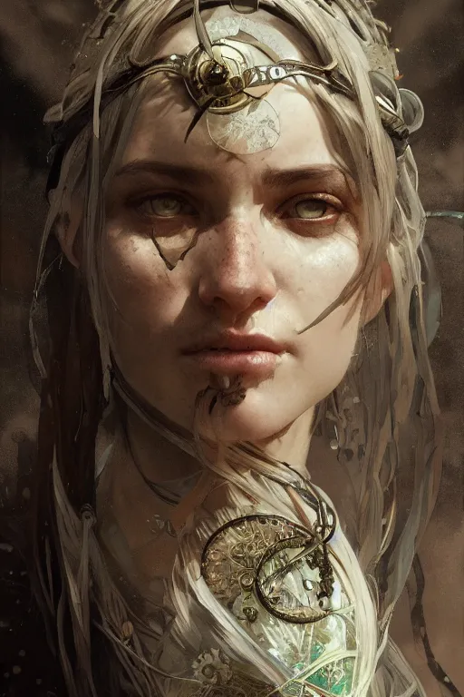 Image similar to A full portrait of a beautiful post apocalyptic celtic blind soothsayer, intricate, elegant, highly detailed, digital painting, artstation, concept art, smooth, sharp focus, illustration, art by Krenz Cushart and Artem Demura and alphonse mucha
