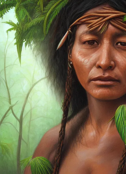 Prompt: a beautiful close up portrait of an indigenous woman holding medicinal plants in the jungle, highly detailed, art by christophe vacher