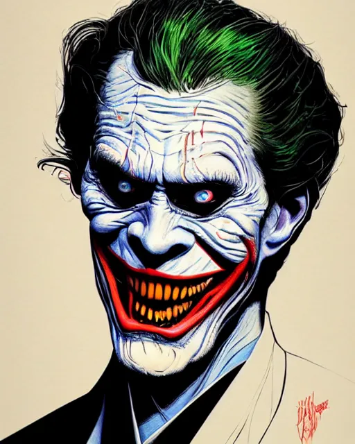 Prompt: willem dafoe as the joker, big smile, grotesque, horror, high details, bright colors, striking, intricate details, by vincent di fate, artgerm julie bell beeple, 1 9 8 0 s, inking, vintage 8 0 s print, screen print