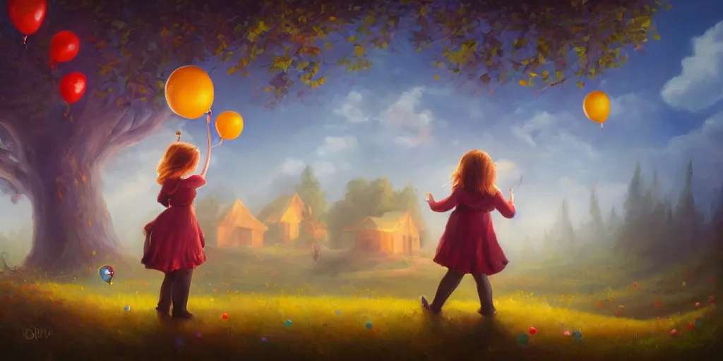 Prompt: beautiful oil painting of girl holding balloons back facing in an evil forest with a cottage, painted by Noah Bradley cartoon, colorful, 4k,Trending on artstation