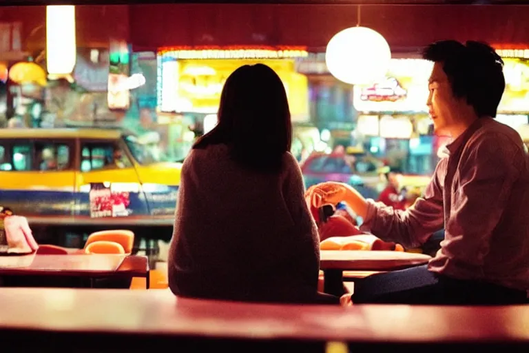 Image similar to VFX movie interior closeup beautiful Asian couple closeup sitting at 50s diner, night in the city, by Emmanuel Lubezki