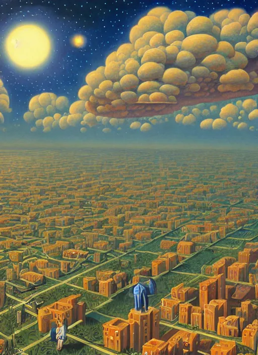 Image similar to a garden city reaching the clouds and stars, vintage shapes, retro technology, happy colors. rob gonsalves, oil on canvas, deep depth field, masterpiece, cinematic composition, hyperdetailed