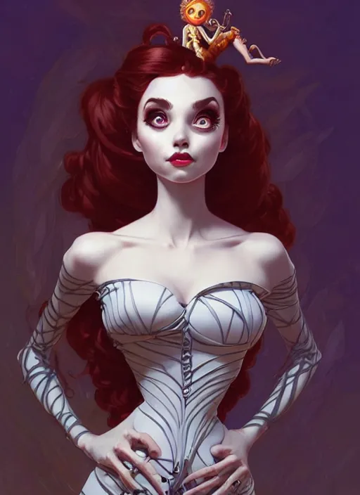 Image similar to sally from nightmare _ before _ christmas, intricate, elegant, highly detailed, my rendition, digital painting, artstation, concept art, smooth, sharp focus, illustration, art by artgerm and greg rutkowski and alphonse mucha and uang guangjian and gil elvgren and sachin teng, symmetry!!