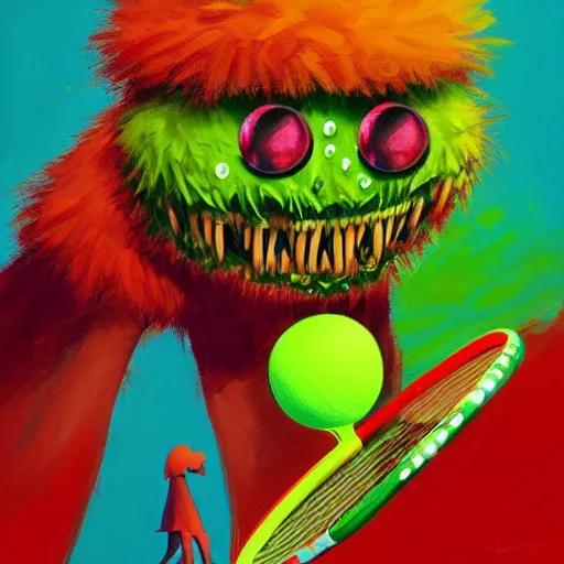 Image similar to a tennis ball monster ,tennis ball, tennis court, colorful, digital art, fantasy, magic, trending on artstation, ultra detailed, professional illustration by Basil Gogos