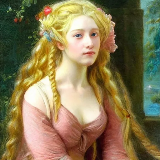 Image similar to A beautiful Blonde Woman with Locks in the style of Sophie Anderson, Portrait