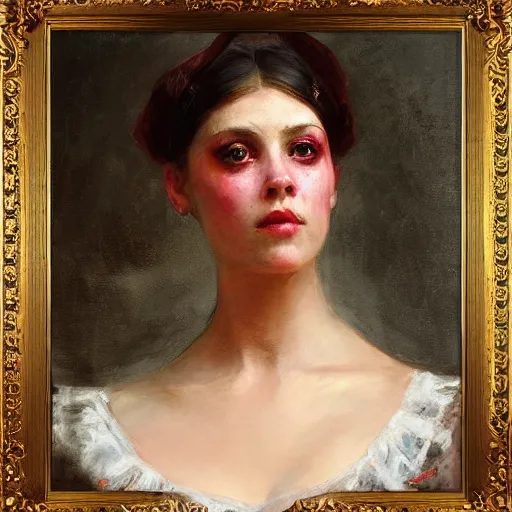 Image similar to Solomon Joseph Solomon and Richard Schmid and Jeremy Lipking victorian genre painting portrait painting of a young beautiful woman traditional exotic german french actress model pirate wench in fantasy costume, red background