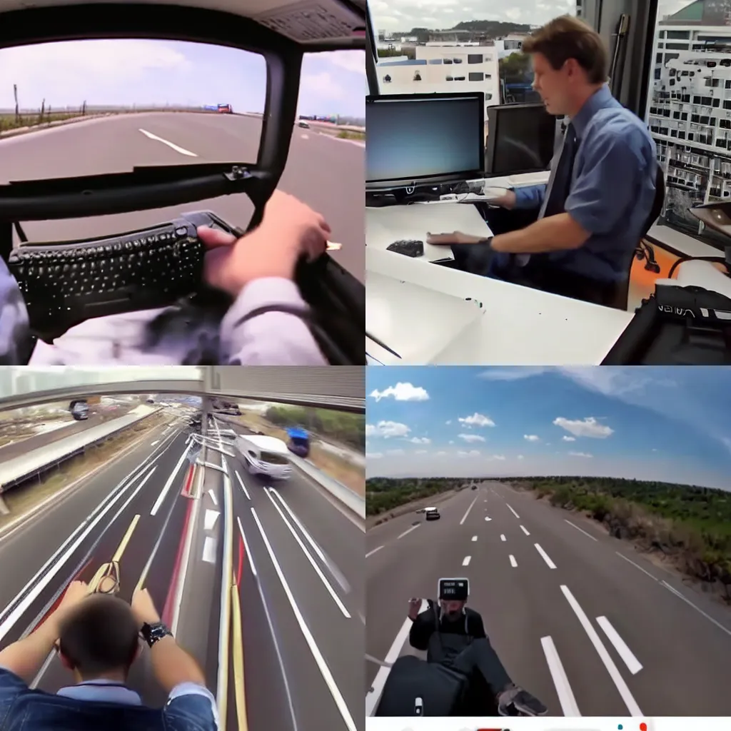 Prompt: GoPro footage of a computer nerd is driving his desk on a super highway, panic, screaming, traffic