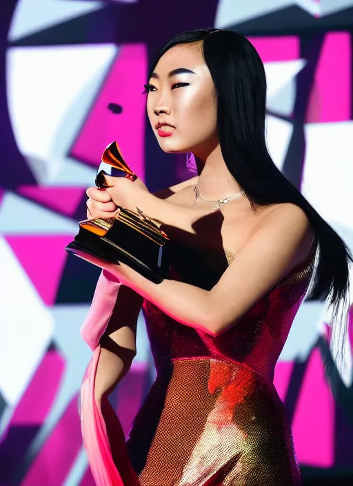 Image similar to rina sawayama winning a grammy award, red weapon 8 k s 3 5, cooke anamorphic / i lenses, highly detailed, cinematic lighting