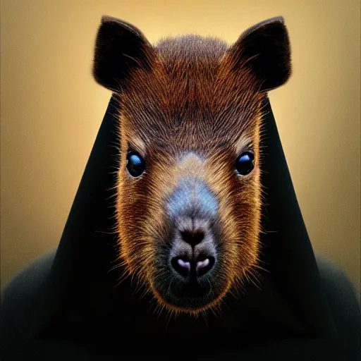 Image similar to a portrait of a baby capybara wearing a black hood, cloak covering face, anatomically correct, beautiful perfect face, enigmatic, oil painting, matte, black background, volumetric dynamic lighting, highly detailed, cinematic lighting, unreal engine, 8 k, hd, by beksinski