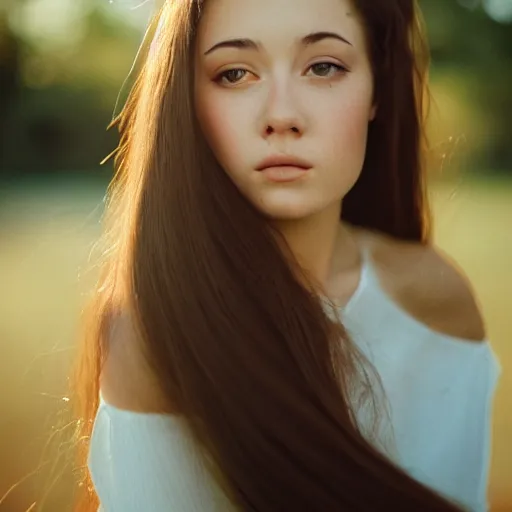 Image similar to a hyper realistic portrait photography of a woman with long hair. agfa vista 4 0 0 film. detailed. depth of field. cinematic. lens flare. grainy film. warm light.