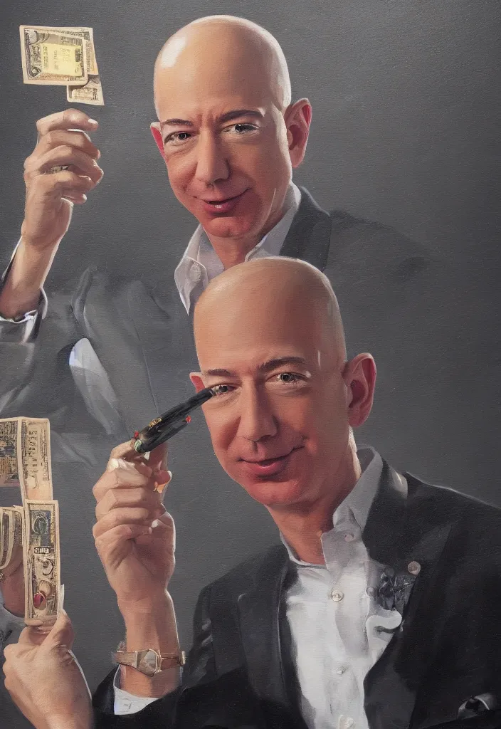 Image similar to a painting of a portrait of jeff bezos lighting a big cigar, dollar bills as back ground, by dave rapoza and kekai kotaki, 4 k, 1 6 k, trending on art station, octane render, high quality