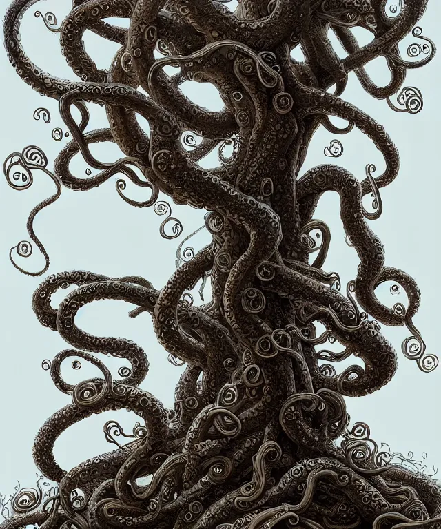 Image similar to a tree made of tentacles, fantasy, intricate, elegant, highly detailed, digital painting, artstation, concept art, matte, sharp focus, illustration, art by keith thompson and christopher lane