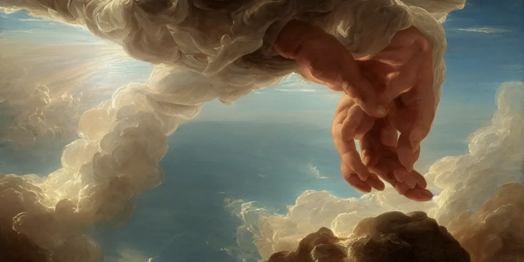 Image similar to a painting of a hand descending from the clouds demanding payment god knows what, in the style of an epic Thomas Cole painting