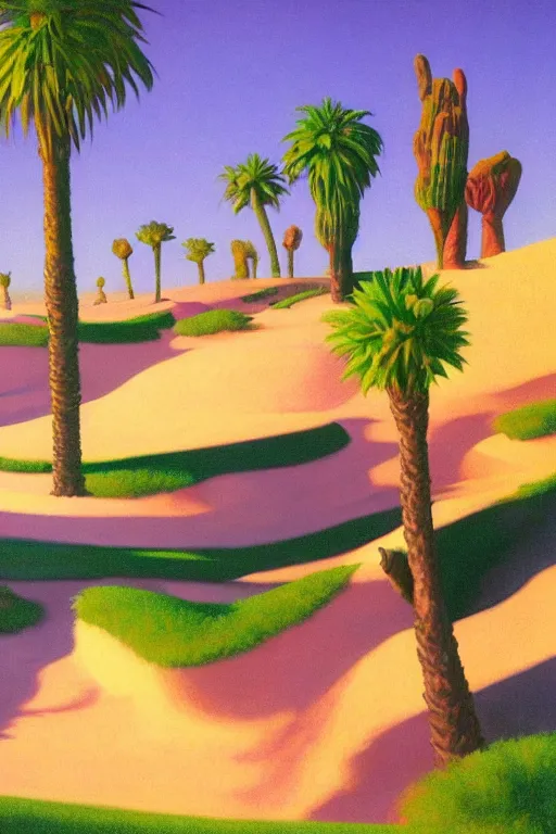 Image similar to liminal vaporwave desert oasis surrealism dream, painted by Edward Hopper, airbrush