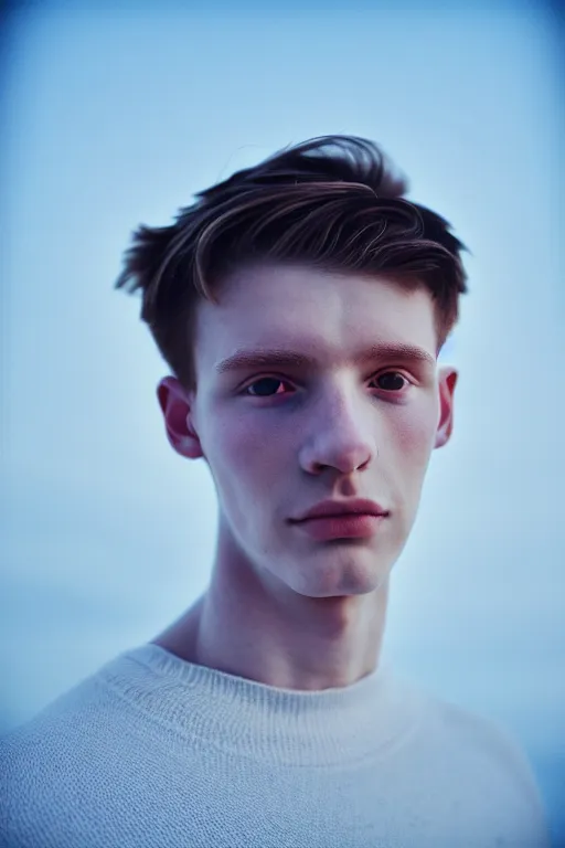 Image similar to high quality pastel coloured film mid angle selfie photograph of a beautiful young 2 0 year old male, soft features, black hair, standing in an icelandic black rock environment. atmospheric. three point light. photographic. art directed. ( pastel colours ). volumetric light. stark. waves glitch. 8 k. filmic.