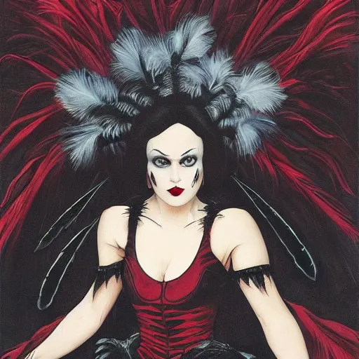 Image similar to dark swan queen, black hair, black feathers instead of hair, gothic, red lips, feathers growing out of skin, black fingers with black claws, bird feet, black bodysuit, disney villain, dark fae, moulting, suspended in zero gravity, on spaceship with cables hanging down, highly detailed, mucha, mike mignogna, comic book, illustration