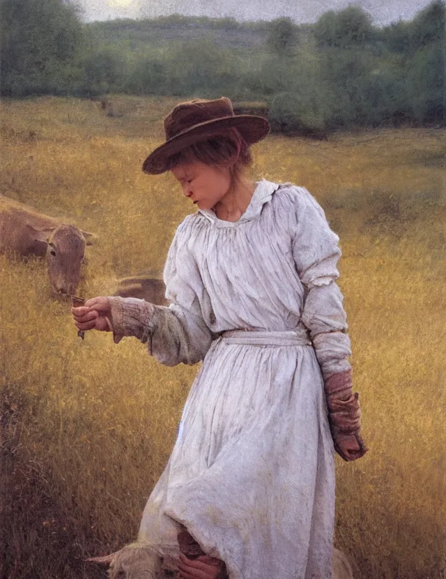 Image similar to peasant girl on a farm with cows, portrait, cottage core, cinematic focus, polaroid photo bleached vintage pastel colors high - key lighting, soft lights, foggy, by steve hanks, by lisa yuskavage, by serov valentin, by tarkovsky, 8 k render, detailed, oil on canvas