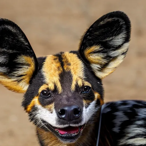 Prompt: A photo of the world's greatest sheriff: an african painted dog dressed in a hat!