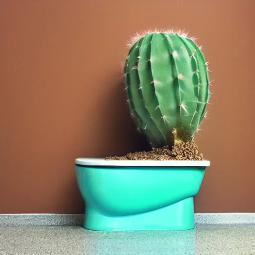 Prompt: a cactus on a toilet